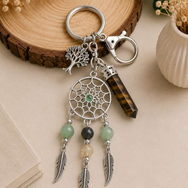 Green Aventurine, Pyrite & Citrine Dream Catcher Prosperity Keyring with Tiger Eye Pendant