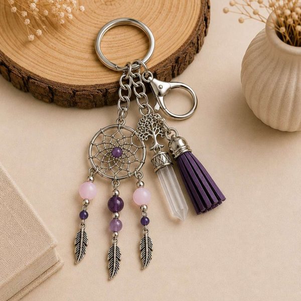 Amethyst and Rodhonite Dream Catcher Keyring with Rose Quartz pendant