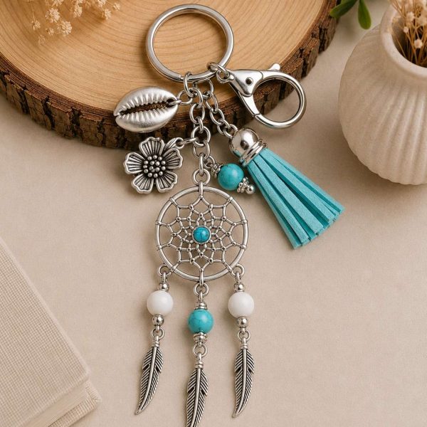 Turquoise and Howlite Dream Catcher keyring with Cowrie shell