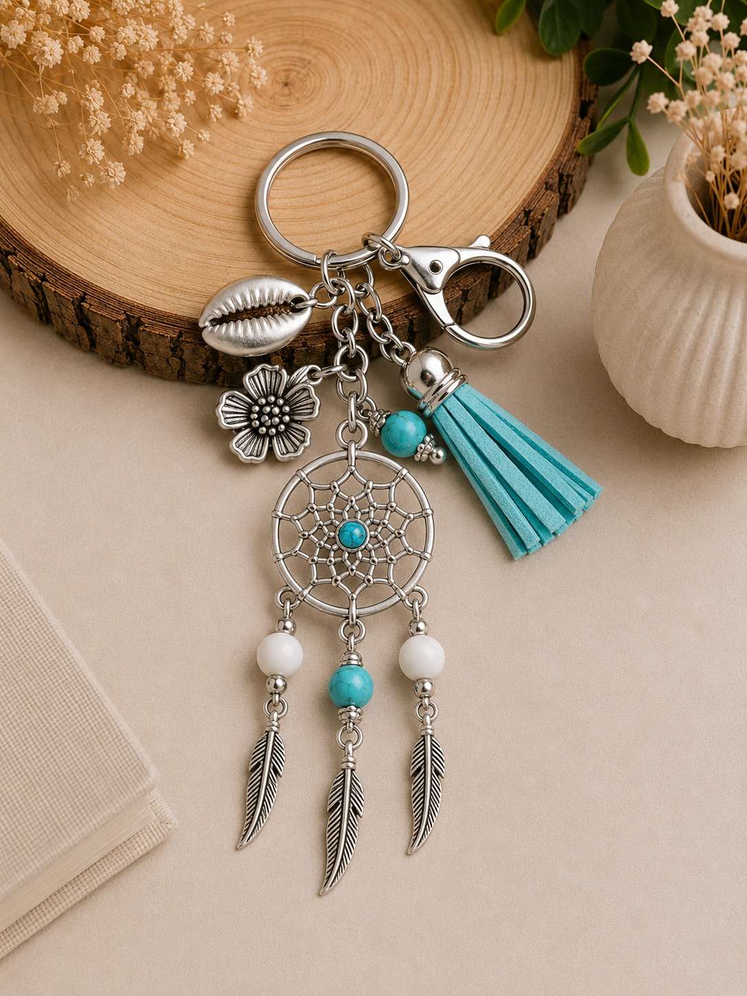 Turquoise and Howlite Dream Catcher keyring with Cowrie shell