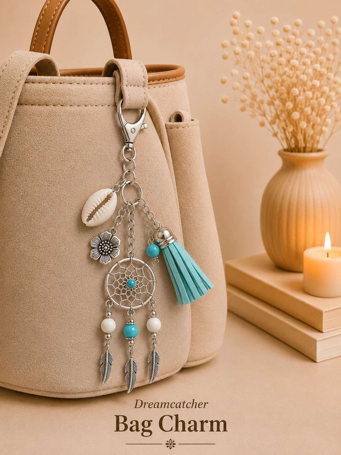 Turquoise and Howlite Dream Catcher keyring with Cowrie shell - Image 2
