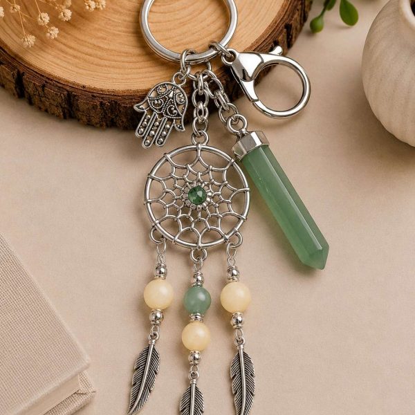 Yellow Calcite Dream Catcher Keyring with Green Aventurine Pendant
