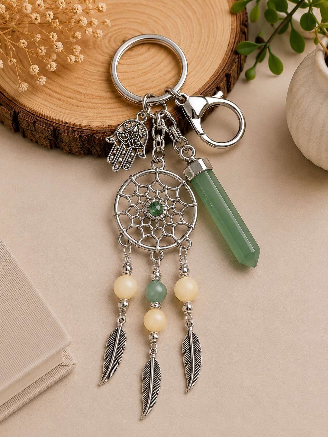 Yellow Calcite Dream Catcher Keyring with Green Aventurine Pendant
