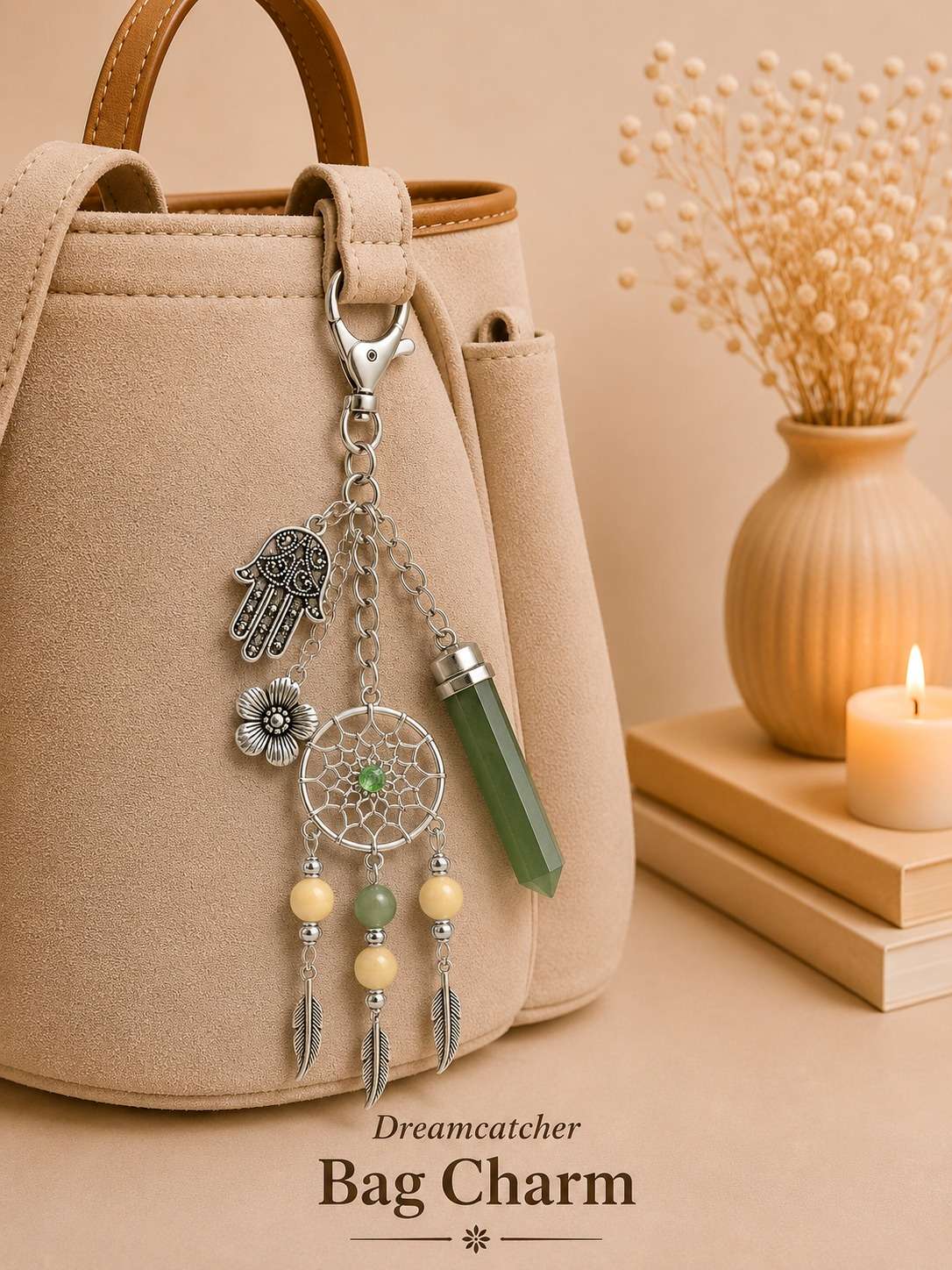 Yellow Calcite Dream Catcher Keyring with Green Aventurine Pendant - Image 2